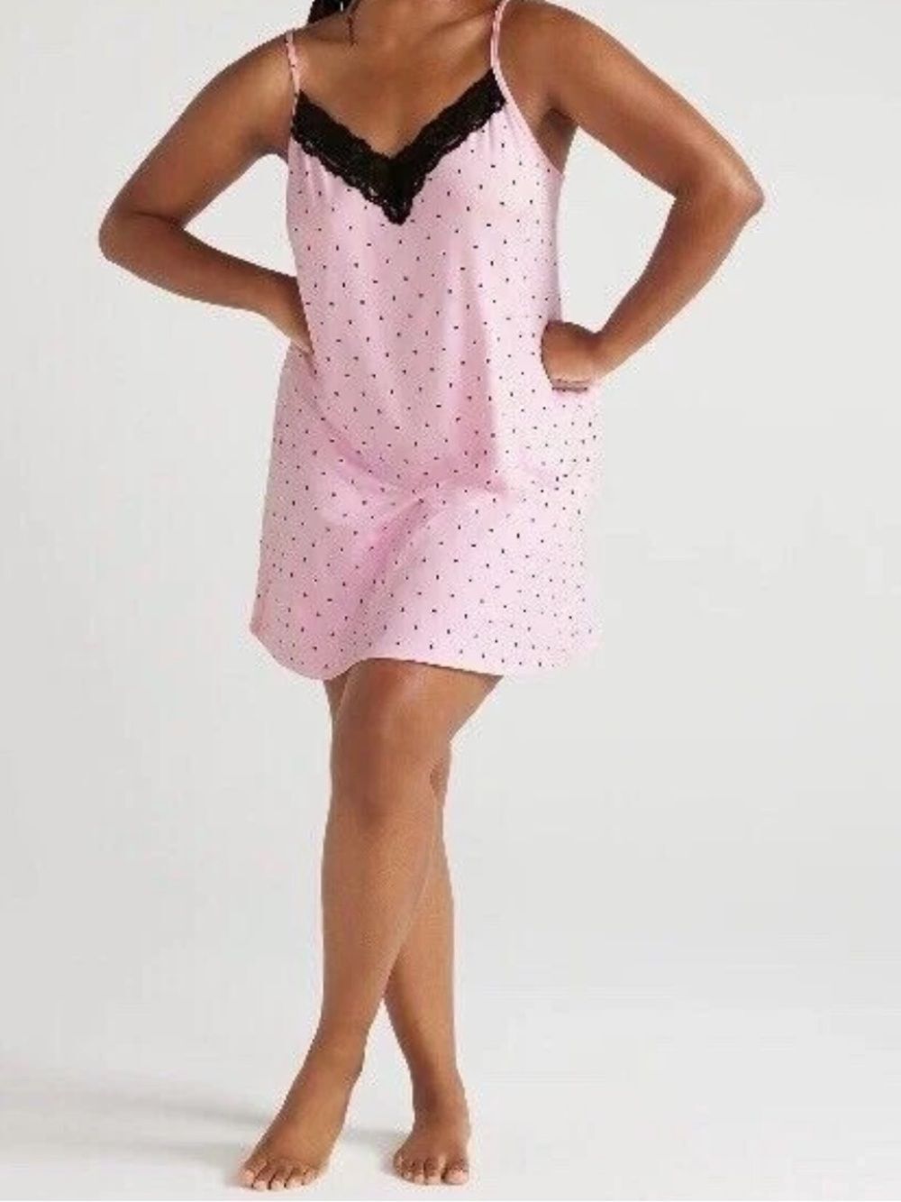 Joyspun Pink & Black Polka Dot Lace-Trim Chemise - XL - Dreamy Soft Collection - Picture 4 of 16